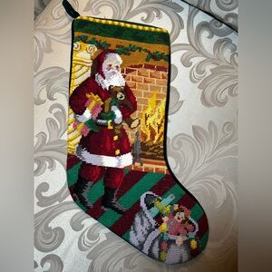 Santa Christmas Needlepoint Stocking Holiday Home Decors Velvet Emerald Toys